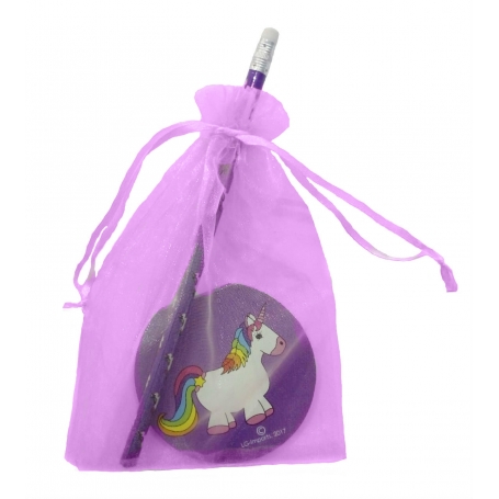 Libreta y lápiz unicornio en bolsa de organza