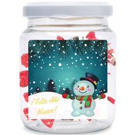 Tarro con adhesivo feliz navidad relleno de caramelos dráculas