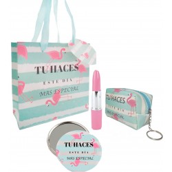 Monedero llavero con espejo y bolígrafo pintalabios en bolsa de cartón a juego