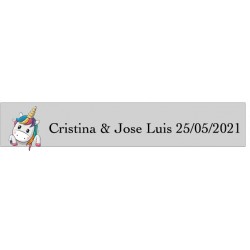 Adhesivo unicornio corazones rectangular transparente personalizado boda