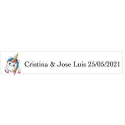 Adhesivo unicornio corazones rectangular blanco personalizado bodas