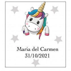 Adhesivo unicornio corazones cuadrado personalizado con nombre y fecha para bodas bautizos comuniones cumpleaños y empresas