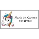Adhesivo unicornio corazones rectangular personalizado con nombre y fecha