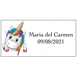Adhesivo unicornio corazones rectangular personalizado con nombre y fecha