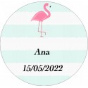 Adhesivo flamenco redondo personalizado con nombre y fecha tamaño mini
