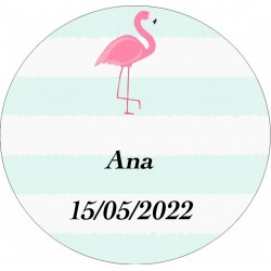 Adhesivo flamenco redondo personalizado con nombre y fecha tamaño mini