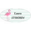 Adhesivo flamenco ovalado personalizado con nombre y fecha