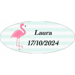 Adhesivo flamenco ovalado personalizado con nombre y fecha