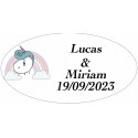 Adhesivo unicornio arcoíris ovalado personalizado para bodas