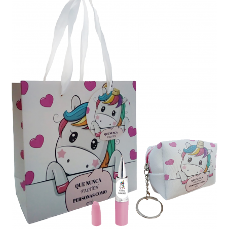 Monedero llavero bolsa unicornio con bolígrafo y adhesivo personalizado