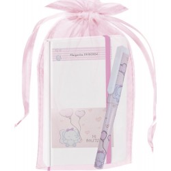 Libreta elefante personalizada con bolígrafo y bolsa de organza bautizo