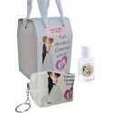 Monedero y gel hidroalcohólico de boda en caja personalizado