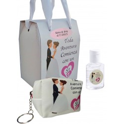 Monedero y gel hidroalcohólico de boda en caja personalizado