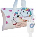Bote anti coronavirus con adhesivo unicornio y caja