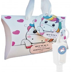 Bote anti coronavirus con adhesivo unicornio y caja