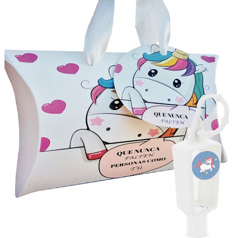 Bote anti coronavirus con adhesivo unicornio y caja