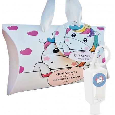 Bote anti coronavirus con adhesivo unicornio y caja