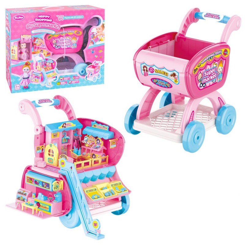 Carro de la compra de juguete con muñeca