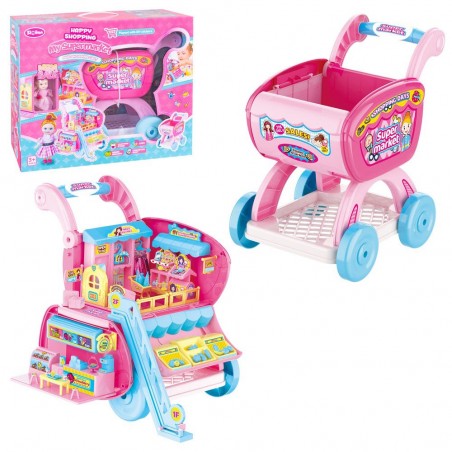 Carro de la compra de juguete con muñeca