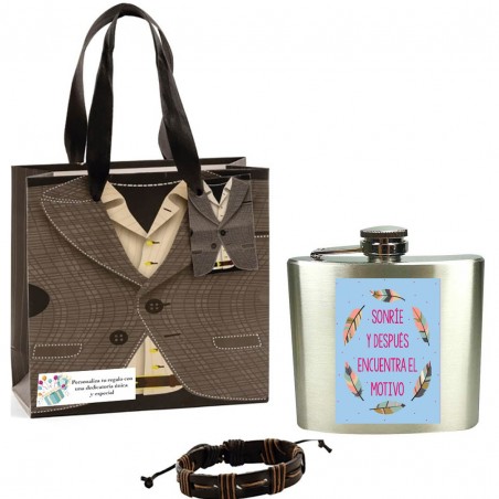 Petaca con adhesivo y pulsera en bolsa de cartón con dedicatoria