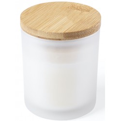 Vela aromática vainilla presentada en tarro cristal con tapón de bambú