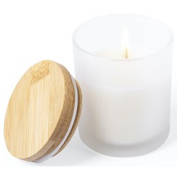 Vela aromática vainilla presentada en tarro cristal con tapón de bambú