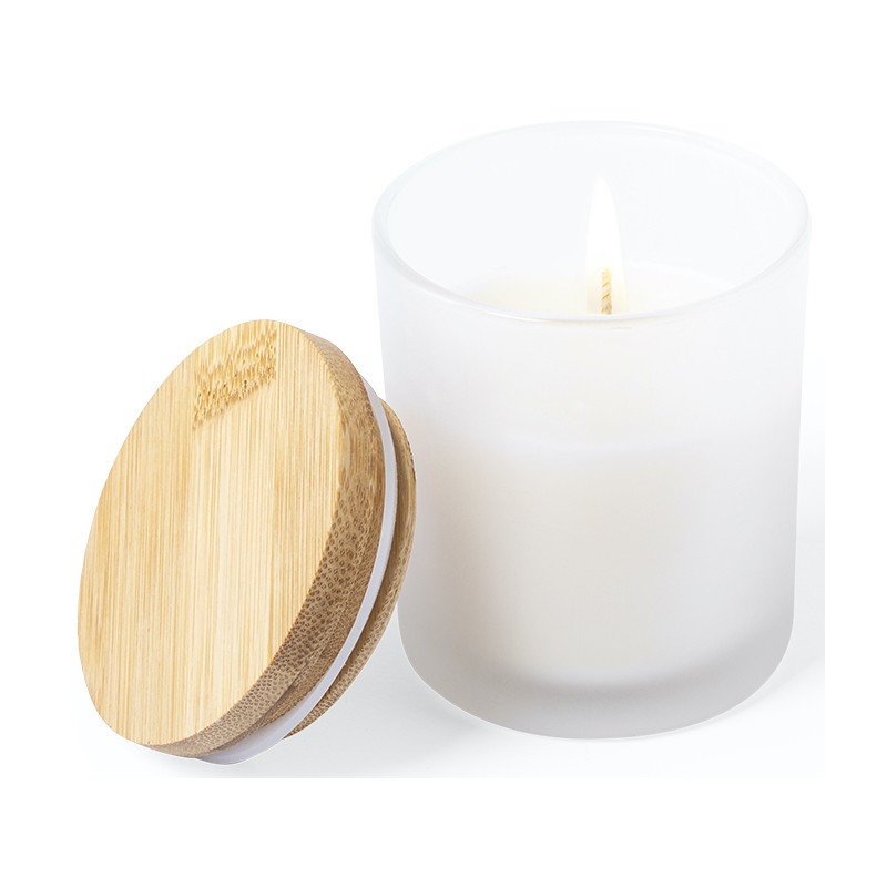 Vela aromática vainilla presentada en tarro cristal con tapón de bambú