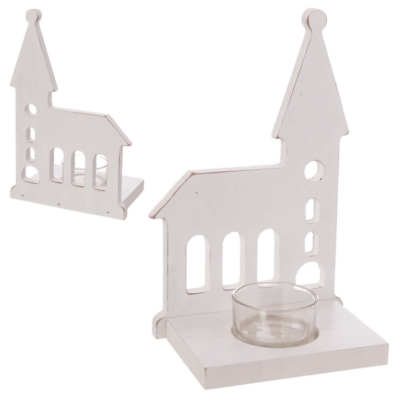 Portavelas iglesia madera blanco 18 50 x 8 x 11 70 cm