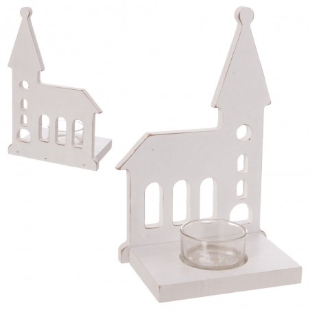 Portavelas iglesia madera blanco 18 50 x 8 x 11 70 cm