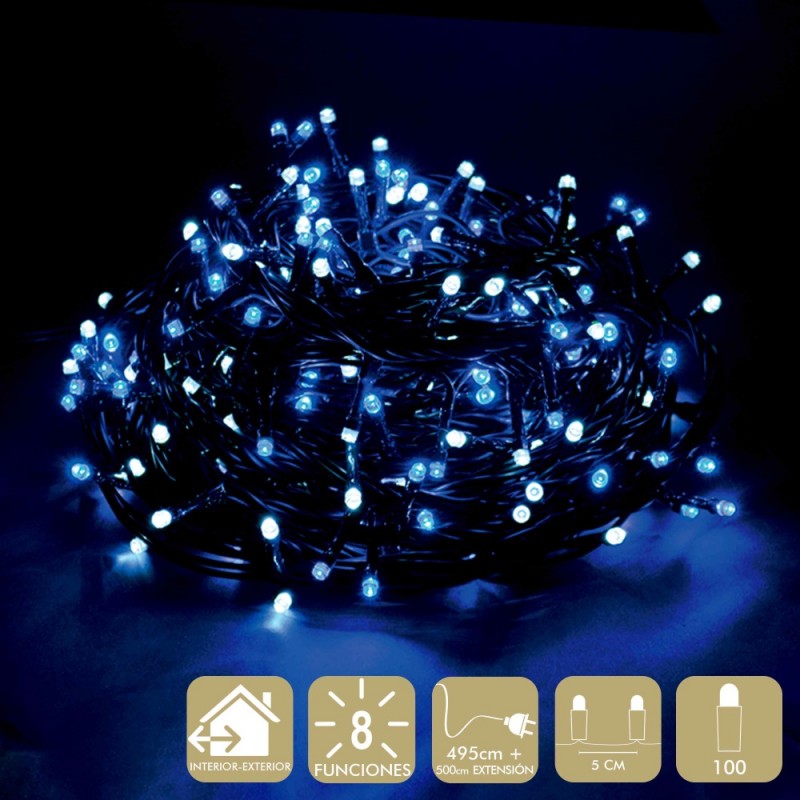 100 luces led 8 funciones blanco azul