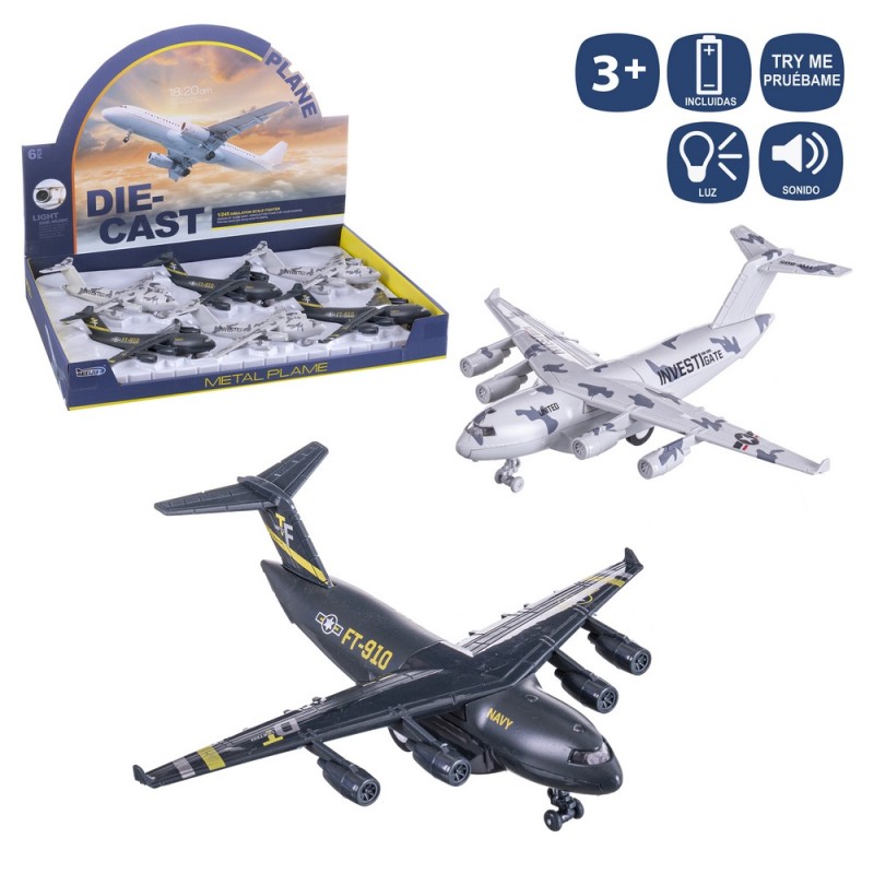 Avión militar con luz y sonido metal 21 x 21 cm