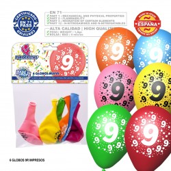 Pack globo colores surtidos 9r número 9 impreso 6 unidades