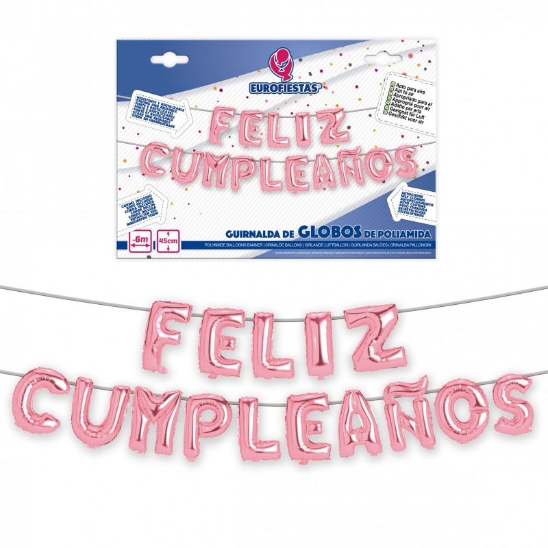 Set globos poliamida feliz cumpleaños rosa claro