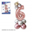 Set globo foil corona 80cm 6 plata rosa