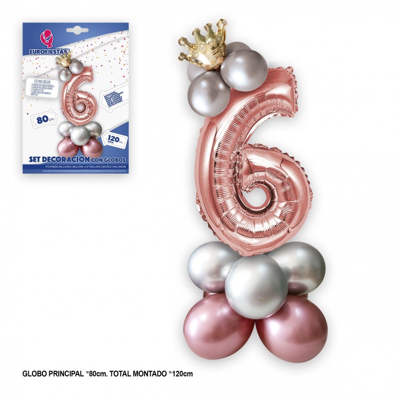 Set globo foil corona 80cm 6 plata rosa