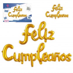 Set globos poliamida feliz cumpleaños minuscula oro