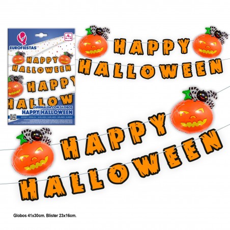 Guirnalda happy halloween + 2 globos calabaza