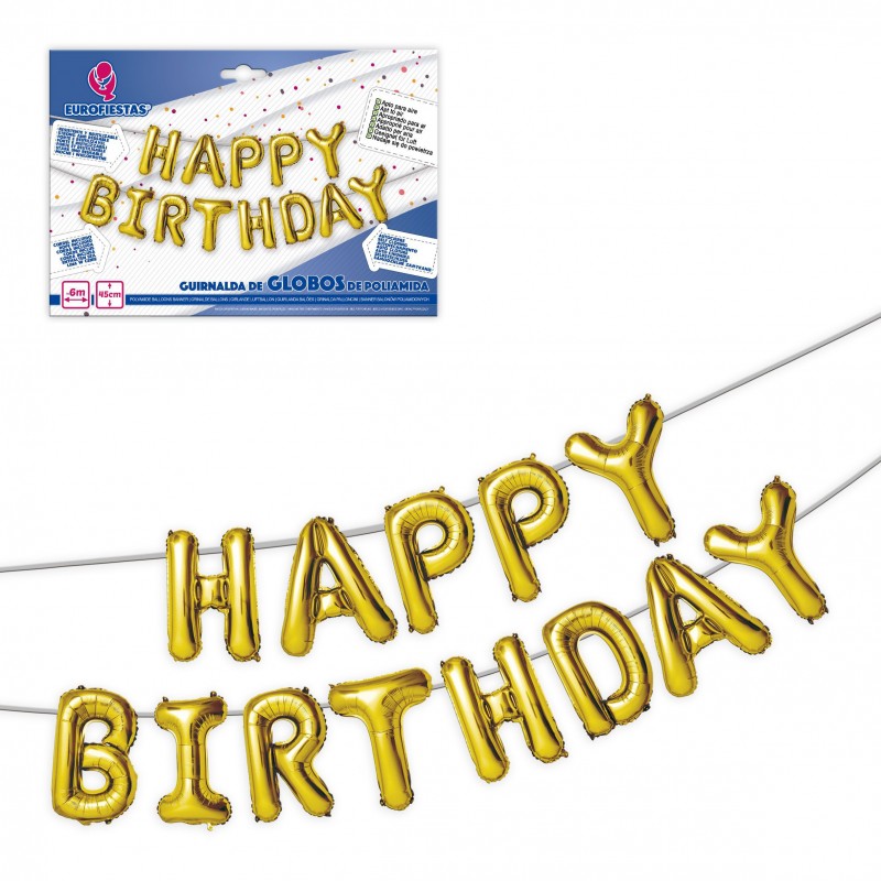 Set globos poliamida happy birthday 40cm oro