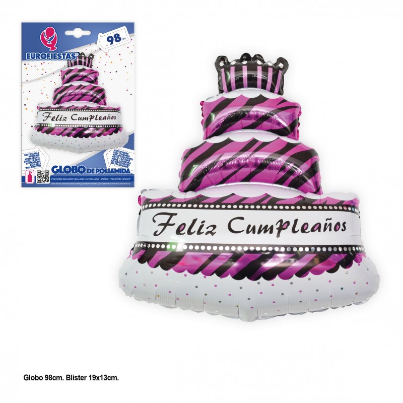 Globo foil tarta feliz cumple fucsia 98x69cm
