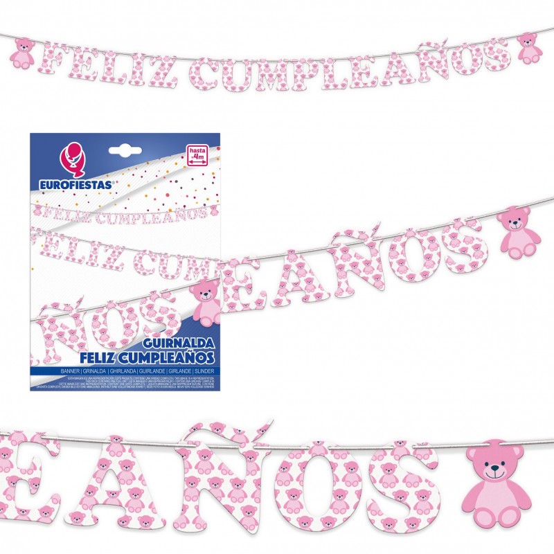 Guirnalda feliz cumpleaños osito rosa