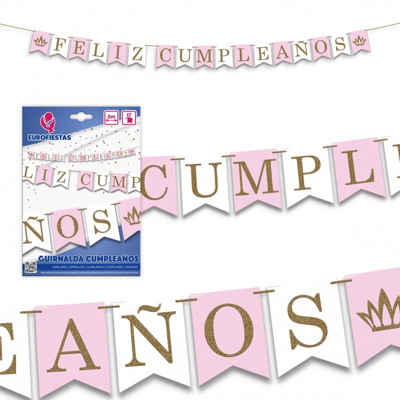 Guirnalda feliz cumpleaños rosa blanco purpurina oro