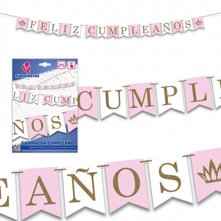 Guirnalda feliz cumpleaños rosa blanco purpurina oro
