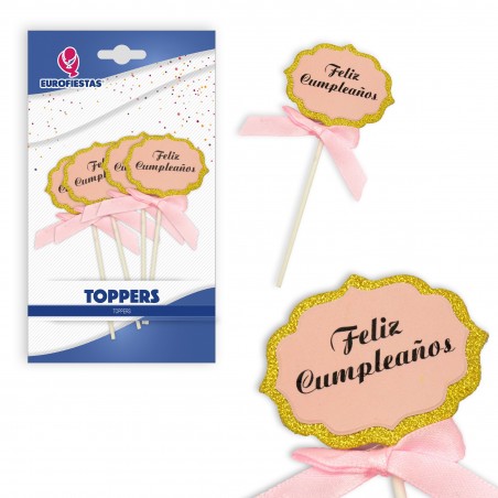 Topper feliz cumpleaños rosa borde oro