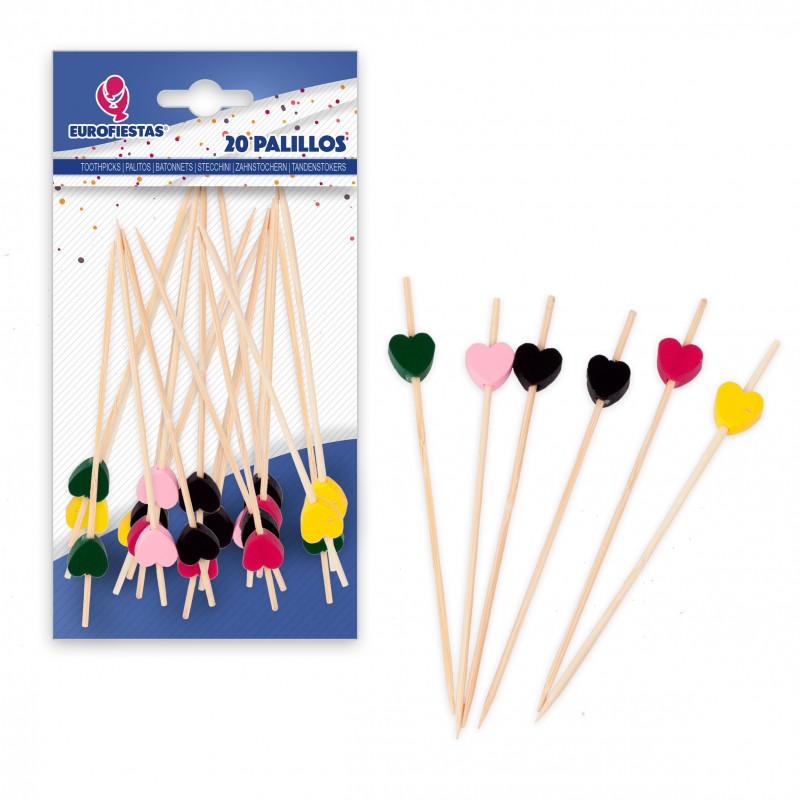 20 palillos 12cm corazones colores pastel