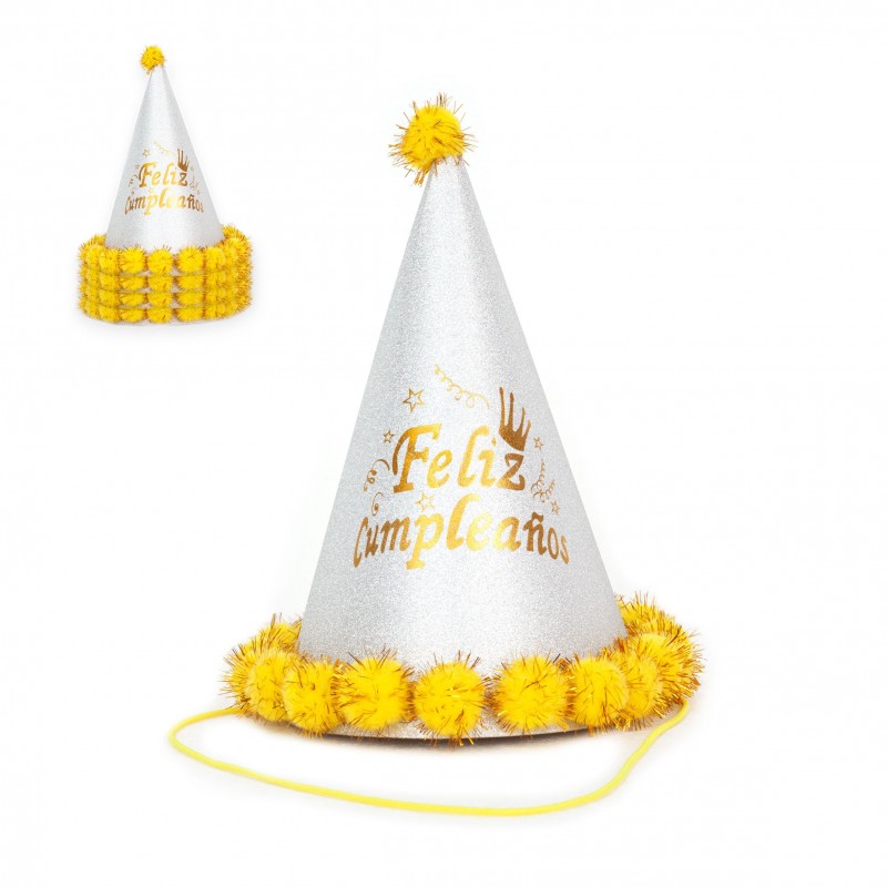 Gorro pompones 24cm plata purpurina