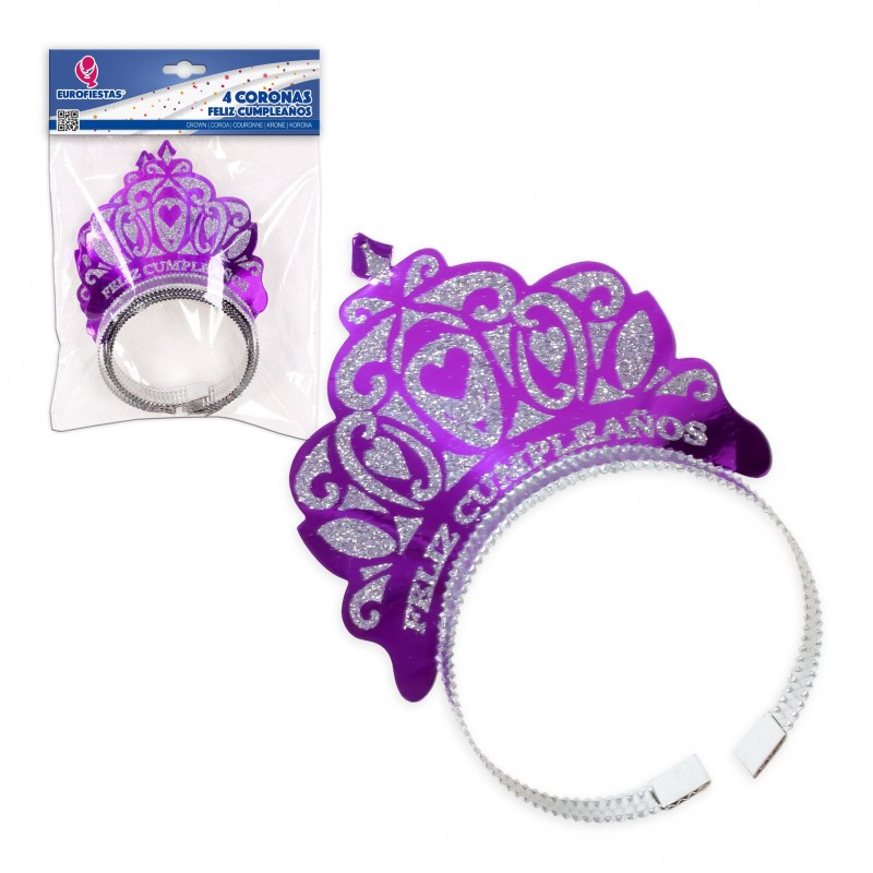 Corona feliz cumpleaños morado purpurina plata