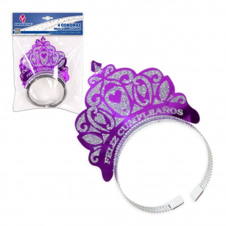 Corona feliz cumpleaños morado purpurina plata