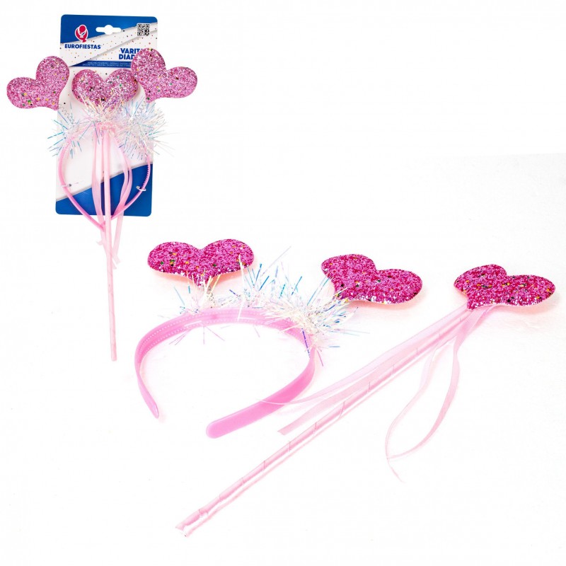 Diadema+varita corazones purpurina rosa