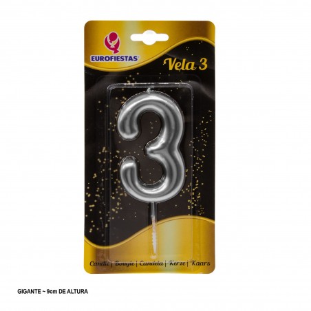 Vela gigante numero 3 9cm plata