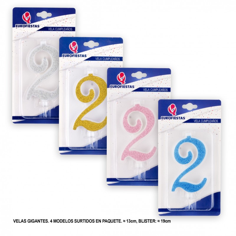 Vela gigante purpurina número 2 colores surtidos